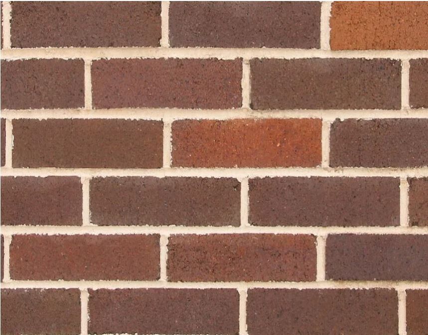 A close-up view of a brick wall composed of uniform, rectangular bricks in various shades of reddish-brown from the Bowral Gertrudis Brown collection, arranged horizontally in a staggered pattern with beige mortar lines.