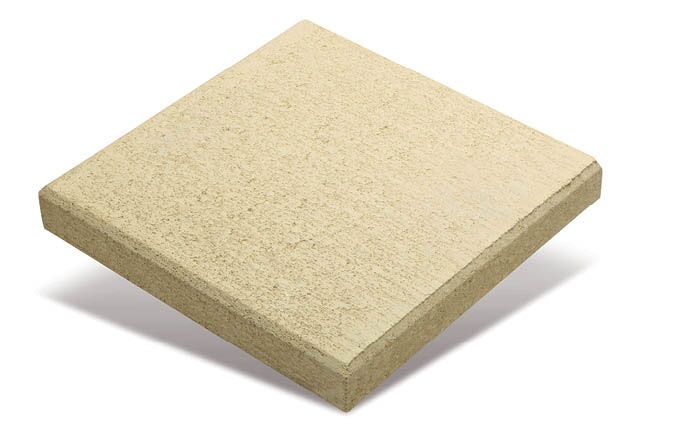 The StradaPave 40 Oatmeal, a beige square paving stone with a textured surface, is displayed on a white background and slightly tilted to reveal its thickness.