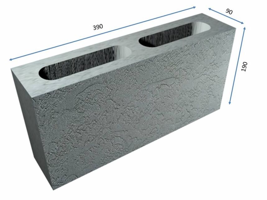 Introducing the 100mm Series: a textured concrete block featuring two hollow vertical openings, measuring 390 mm in length, 190 mm in height, and 90 mm in width.
