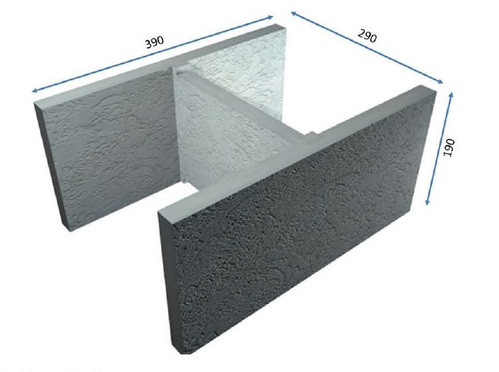 Illustration of a concrete H-block from the 300mm Series with dimensions labeled: 390 mm width, 290 mm depth, and 190 mm height. The block features a textured surface with rectangular sections forming an H-shape.