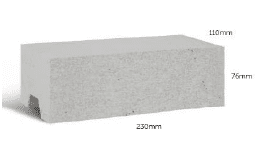 A 110mm Betta Brick, a rectangular grey building block with dimensions of 230mm in length, 110mm in width, and 76mm in height.