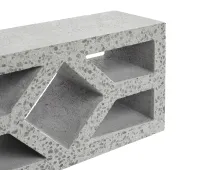 A close-up of the GB Breeze Blocks Diamond Nickel shows geometric cutouts with diamond and rectangular openings. The concrete grey block features a rough, textured finish inspired by Arc Pottery design elements.
