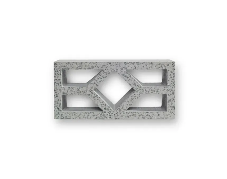 The GB Breeze Blocks Diamond Nickel is a rectangular concrete block featuring a central diamond cutout with four angled rectangular openings, ideal for creating a unique architectural accent