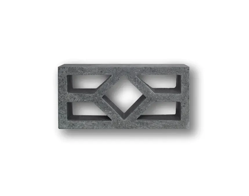 The GB Breeze Blocks Diamond Pewter is a dark grey concrete block with a rectangular shape and geometric cutouts—featuring a central diamond and two horizontal bars per side—ideal for adding modern style to any space.