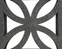 GB Breeze Blocks Flower Pewter: rectangular slab with a cut-out geometric pattern of intersecting curves, creating a symmetrical, flower-like design in dark, textured pottery on a white background.