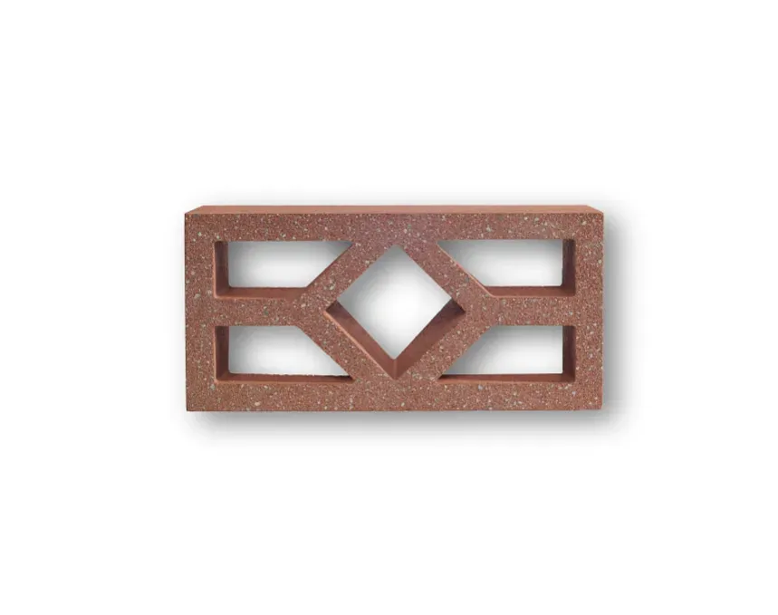 The GB Breeze Blocks Diamond Pottery is a rectangular red brick with geometric cutouts—a central diamond and two horizontal rectangles—forming a decorative, openwork pattern that casts a soft shadow on a white background.