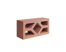 A red GB Breeze Block Diamond Pottery piece with a geometric cutout—central diamond and rectangular side openings—displayed on a white background. This stylish accent pairs perfectly with other Diamond breeze blocks