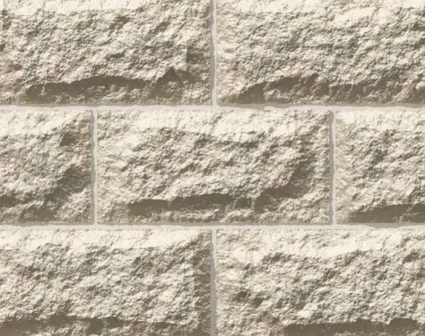 A close-up of a GB Sandstone Rockface Limestone wall shows rough, light beige rectangular stones in a staggered layout with thin mortar joints.