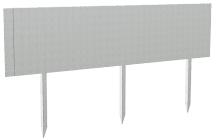 A blank, rectangular gray metal sign with three vertical support posts, isolated on a white background.