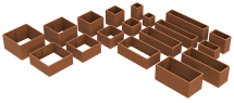 A variety of open, empty brown cardboard boxes of different sizes arranged in rows on a white background, ideal for shipping FormBoss Metal Edging or other garden supplies.