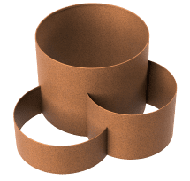 A 3D rendering of three intersecting, rust-colored cylindrical shapes with hollow centers, arranged in a geometric composition on a white background.