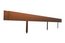 A long, rust-colored FormBoss Metal Edging strip with three vertical stakes attached is shown against a white background.