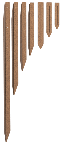 Seven pointed red-brown Shapescaper Redcor Steel Garden Edging stakes of different heights are lined up in ascending order from right to left against a light background, forming a clean, stylish border.