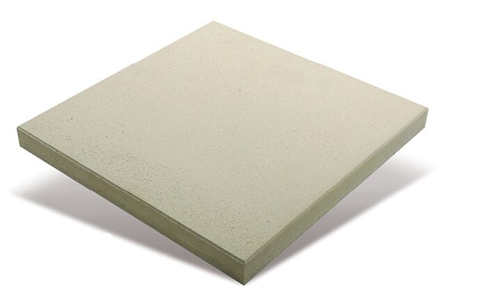 The Euro Classic Cyprus paver, square and light beige in color, is displayed on a white background. It features a smooth surface with subtle speckles and appears slightly raised due to shadowing underneath.