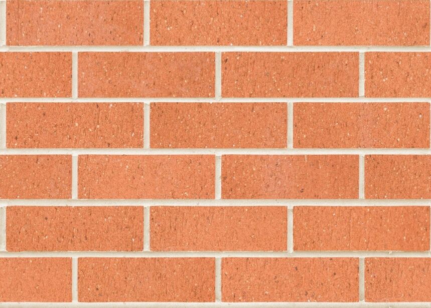 Image of a red brick wall with a uniform pattern of horizontal rows, reflecting the orderliness embodied by the Everyday Life Stimulate product. Each row is staggered, so vertical joints aren't aligned, creating a classic running bond brickwork appearance. The bricks exhibit a slightly rough texture.