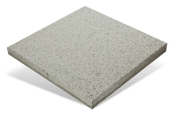 Showcased against a plain white background, the Euro Stone Shark Nose Riverina tile features a square, textured light grey concrete design with slightly beveled edges.