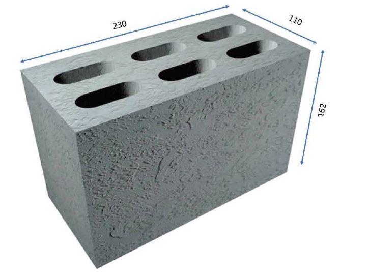The image shows a 110mm Litec Common Brick, featuring a light grey textured surface with six oval openings. Its dimensions are 230 mm in length, 110 mm in width, and 162 mm in height.
